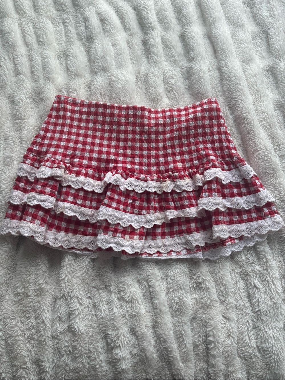 Urban Outfitters Red Gingham Mini Skirt with Lace Trim